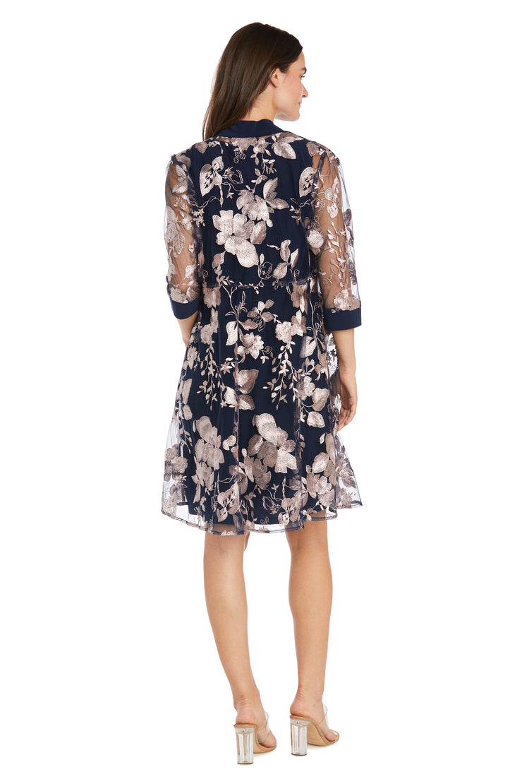 Floral-Threaded Sheer Jacket Dress with Detachable Necklace