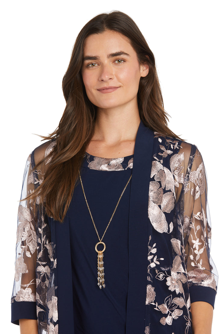 Floral-Threaded Sheer Jacket Dress with Detachable Necklace