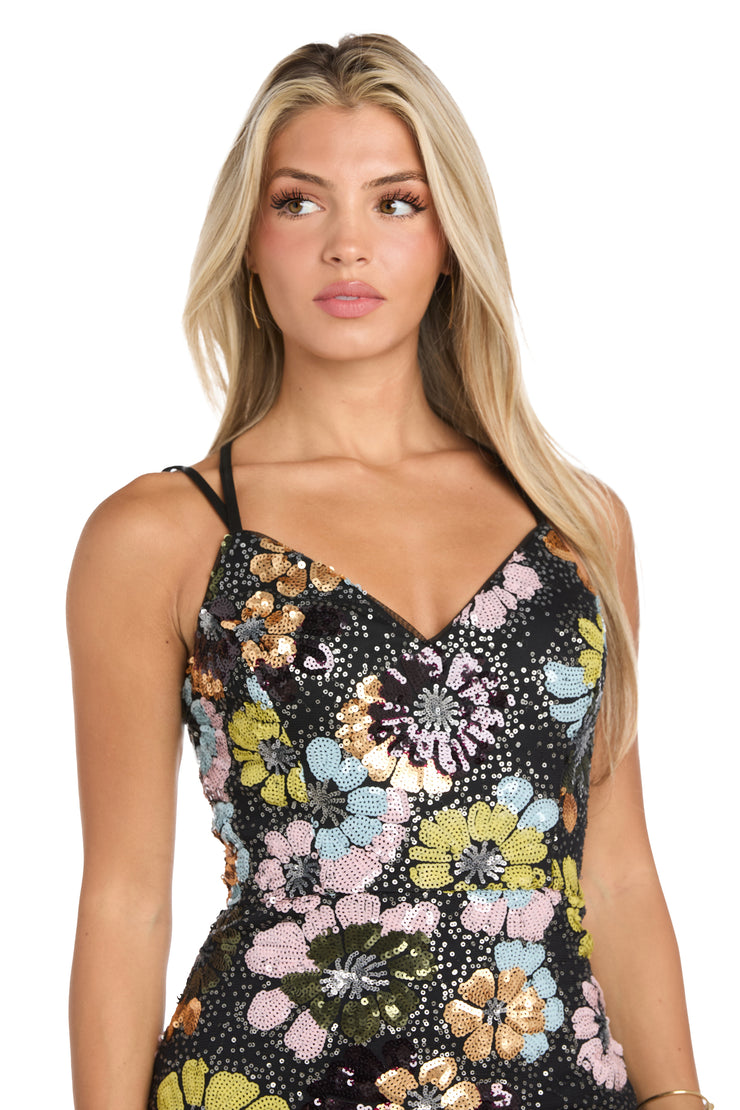 Black Sequin Floral Long Formal Dress with Strappy Back