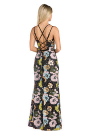 Black Sequin Floral Long Formal Dress with Strappy Back