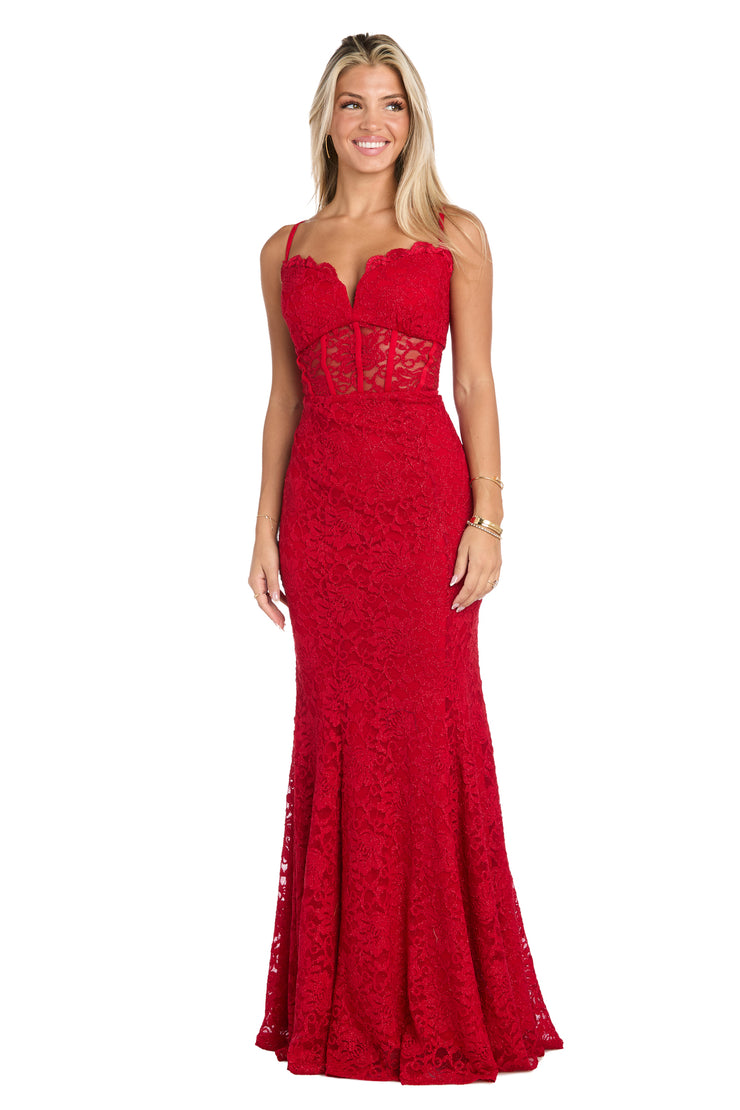 Long Red Lace Dress with Illusion Corset