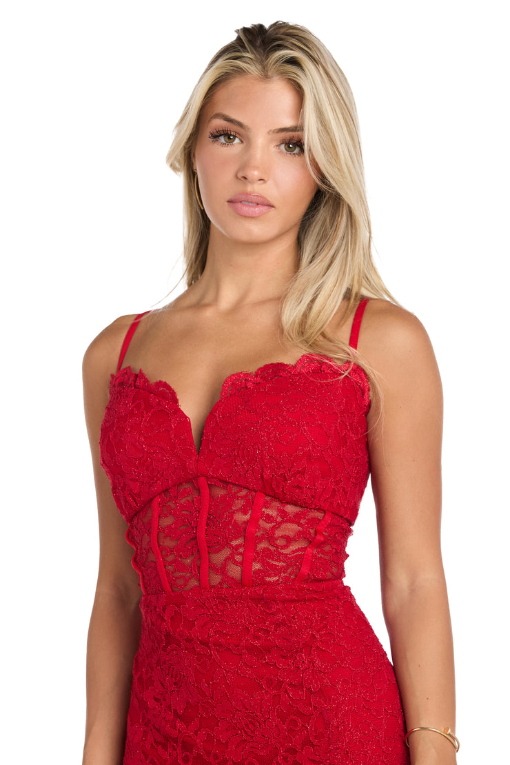 Long Red Lace Dress with Illusion Corset