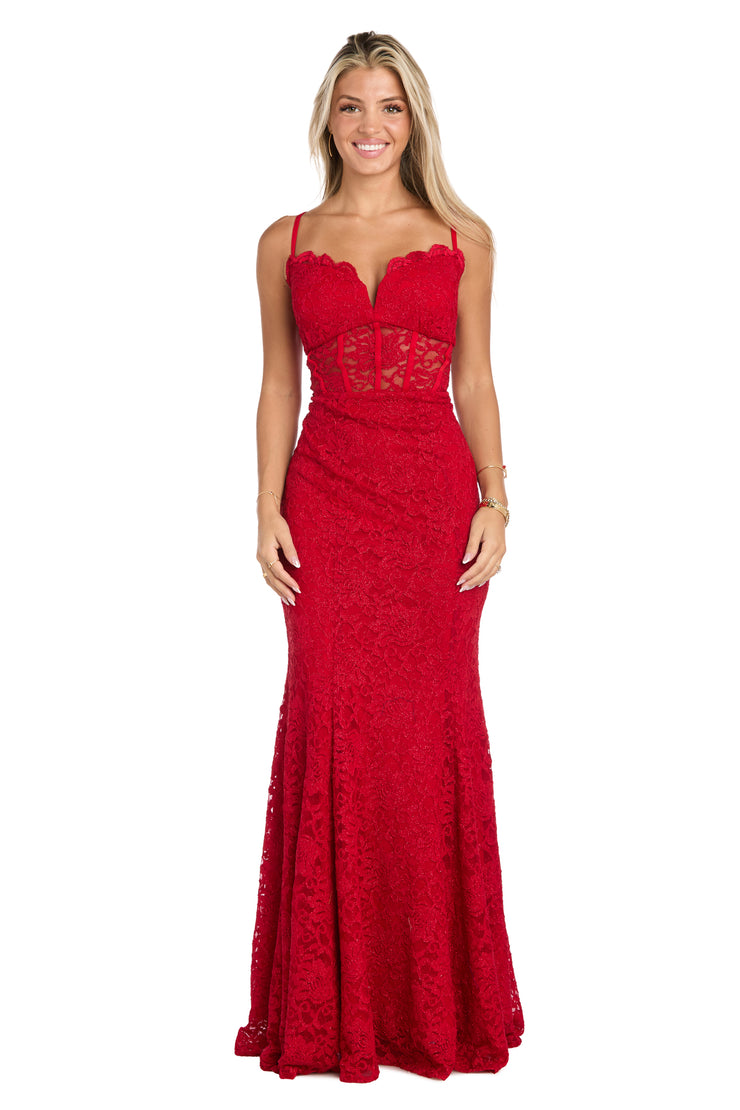Long Red Lace Dress with Illusion Corset