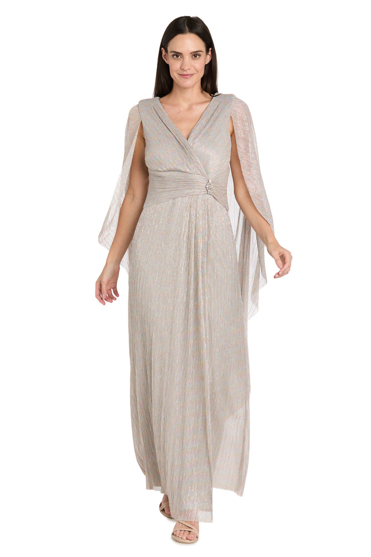 r&m richards silver dress R & M Richards Women's Metallic Foil Knit Side Drape Dress, Silver, 12