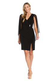 Cocktail Dress with Rhinestone Waist Detail and Asymmetric Cascade Caplet