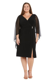 Cocktail Dress with Rhinestone Waist Detail and Asymmetric Cascade Caplet - Plus