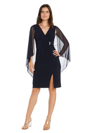 Cocktail Dress with Rhinestone Waist Detail and Asymmetric Cascade Caplet