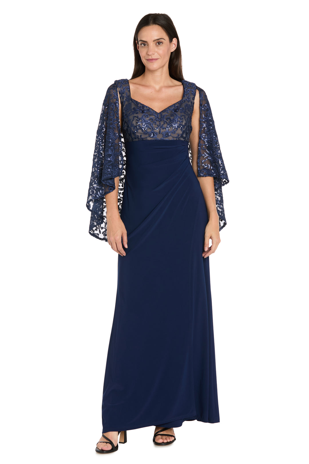 R&M Richards 1948 Sequin Cape Formal Long Prom Dress - Navy/Nude / 16 R&M Richards 1948 Sequin Cape Formal Long Prom Dress - Navy/Nude / 16