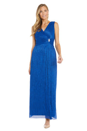 Long Crinkle Metallic Dress with Waist Band Featuring a Diamond Shaped Rhinestone - Petite