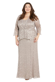 Long Glitter Lace Dress Matched with an Overlay Jacket and Rhinestone Buckle - Plus