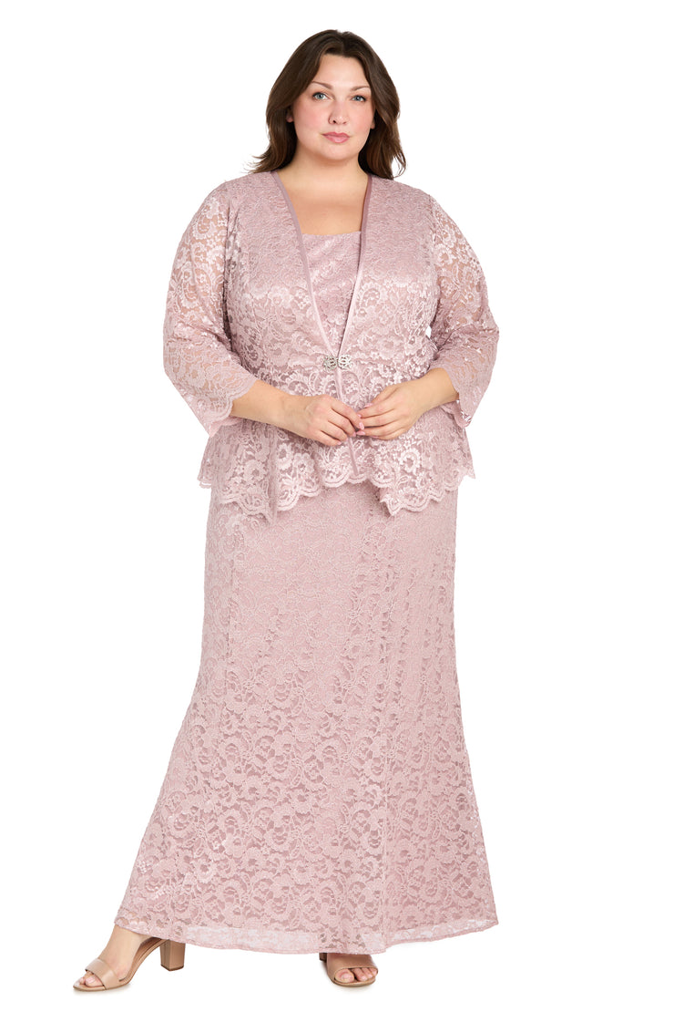 Long Glitter Lace Dress Matched with an Overlay Jacket and Rhinestone Buckle - Plus