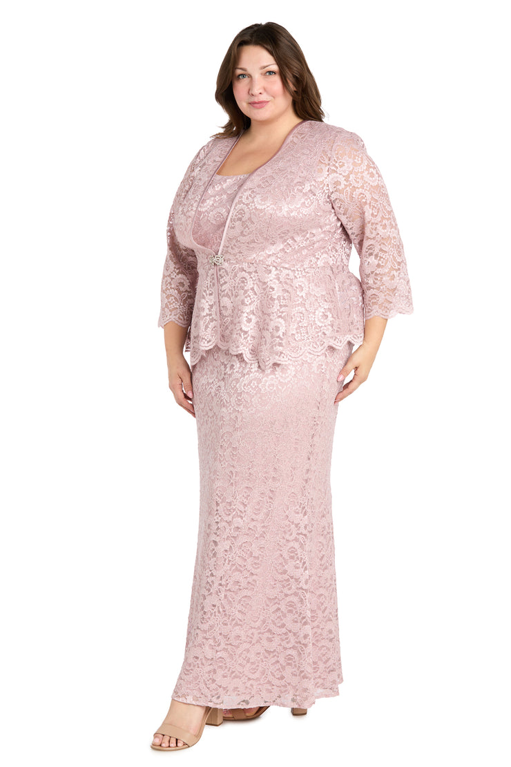 Long Glitter Lace Dress Matched with an Overlay Jacket and Rhinestone Buckle - Plus