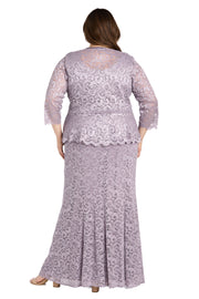 Long Glitter Lace Dress Matched with an Overlay Jacket and Rhinestone Buckle - Plus