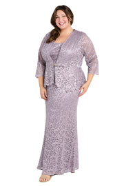 Long Glitter Lace Dress Matched with an Overlay Jacket and Rhinestone Buckle - Plus