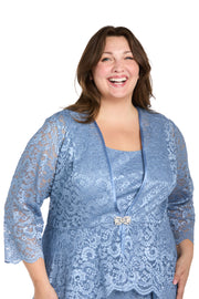 Long Glitter Lace Dress Matched with an Overlay Jacket and Rhinestone Buckle - Plus