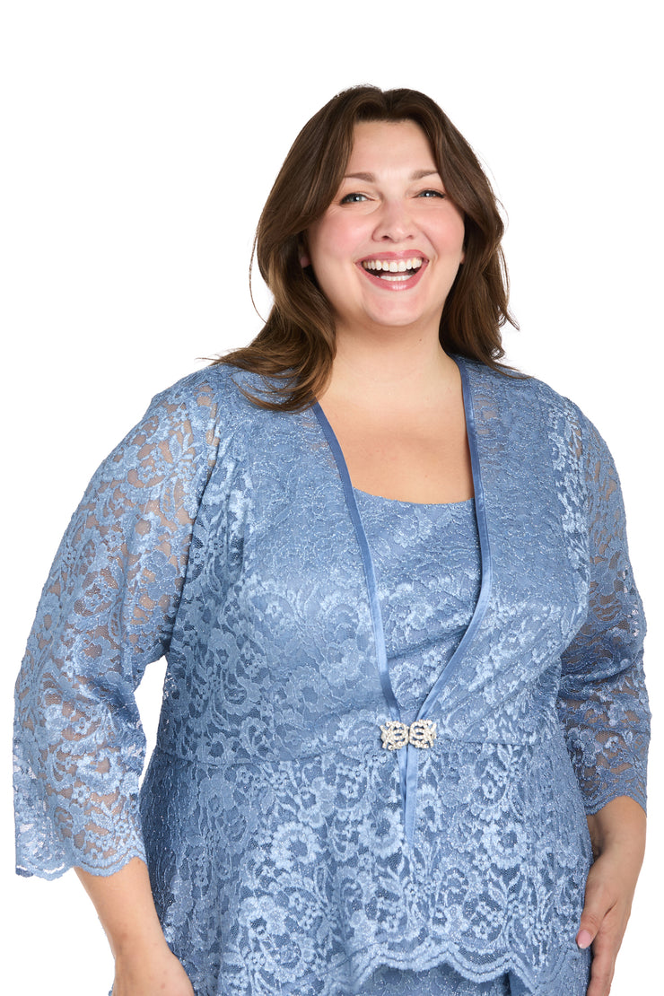 Long Glitter Lace Dress Matched with an Overlay Jacket and Rhinestone Buckle - Plus