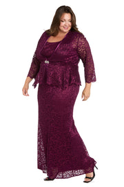 Long Glitter Lace Dress Matched with an Overlay Jacket and Rhinestone Buckle - Plus