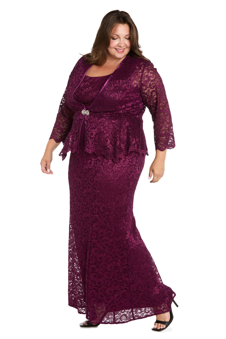 Long Glitter Lace Dress Matched with an Overlay Jacket and Rhinestone Buckle - Plus