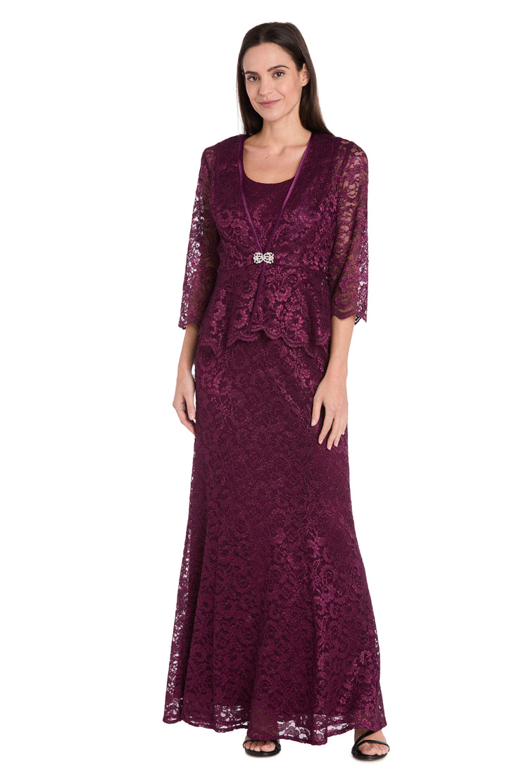 Long Glitter Lace Dress Matched with an Overlay Jacket and Rhinestone Buckle