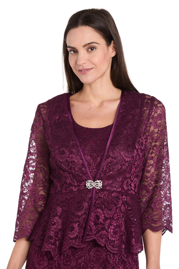 Long Glitter Lace Dress Matched with an Overlay Jacket and Rhinestone Buckle