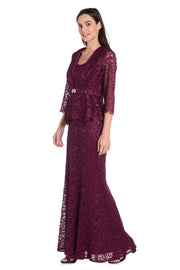 Long Glitter Lace Dress Matched with an Overlay Jacket and Rhinestone Buckle