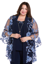 Floral Threadwork Pantsuit with Flair Bell Sleeves - Plus