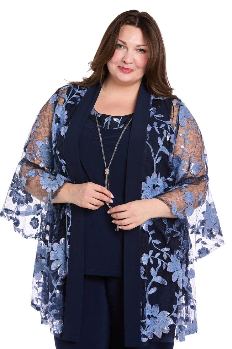 Floral Threadwork Pantsuit with Flair Bell Sleeves - Plus