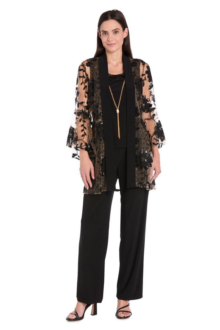 Floral Threadwork Pantsuit with Flair Bell Sleeves & Removable Jacket
