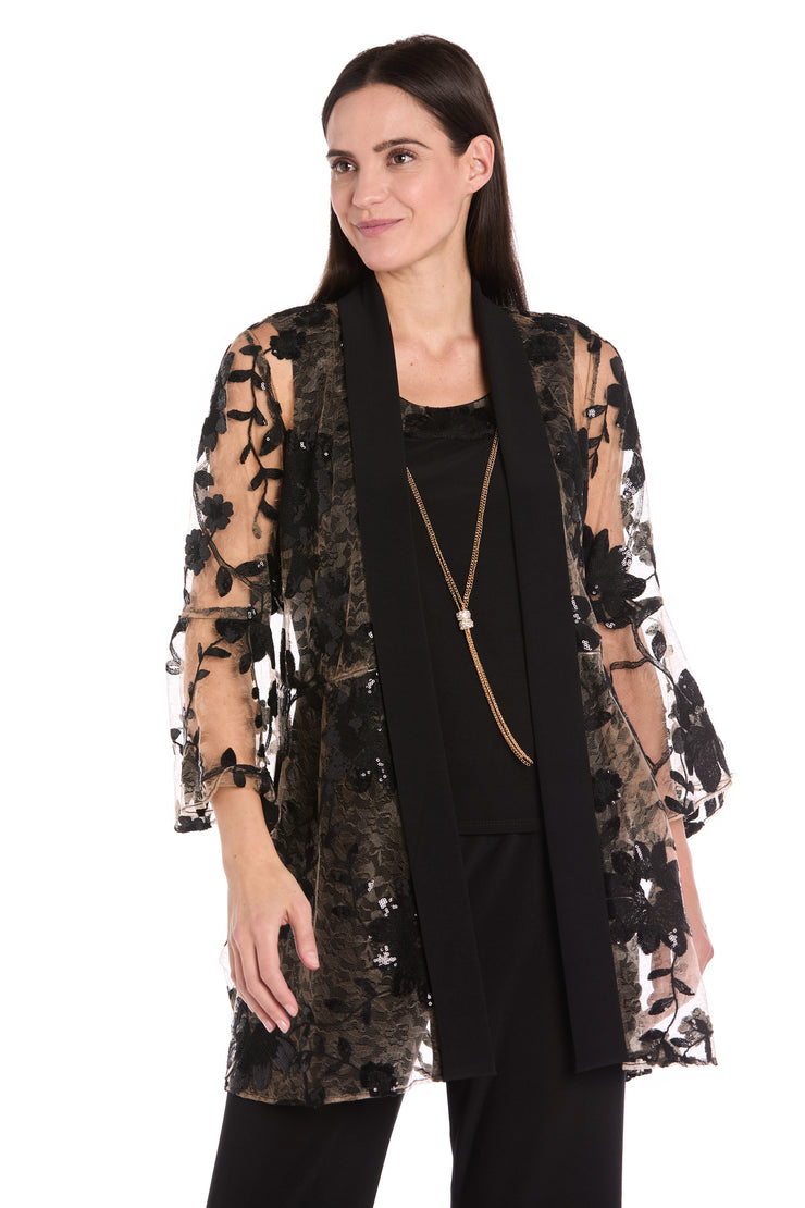Floral Threadwork Pantsuit with Flair Bell Sleeves & Removable Jacket