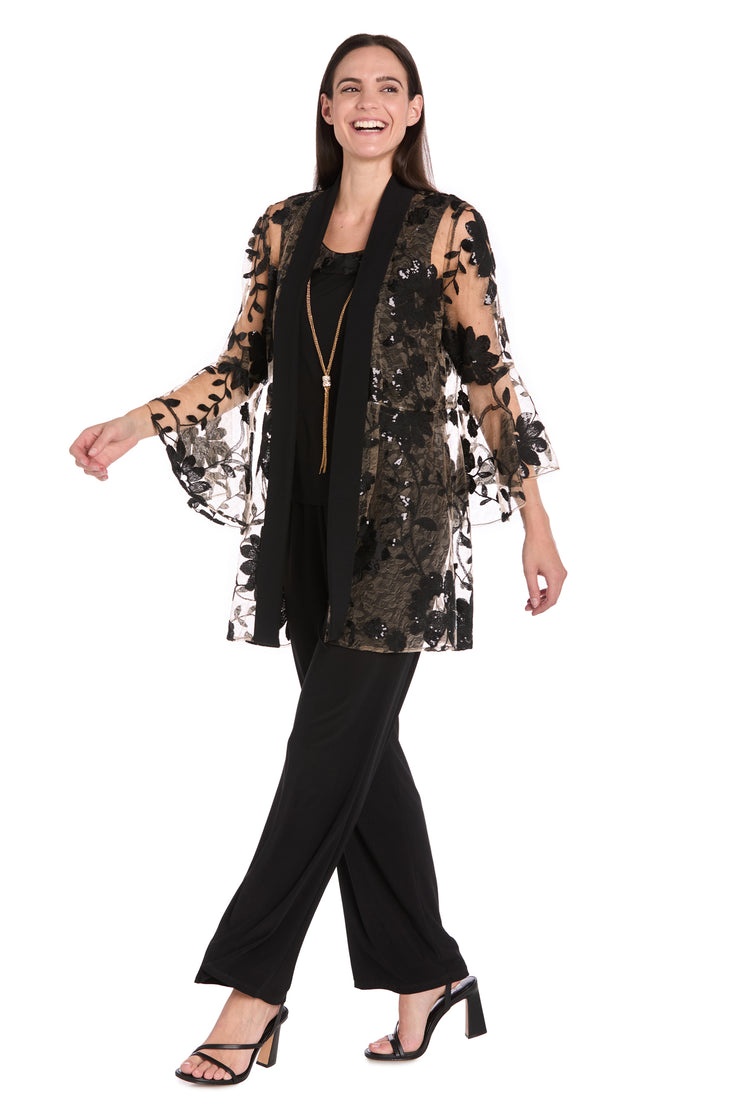 Floral Threadwork Pantsuit with Flair Bell Sleeves & Removable Jacket