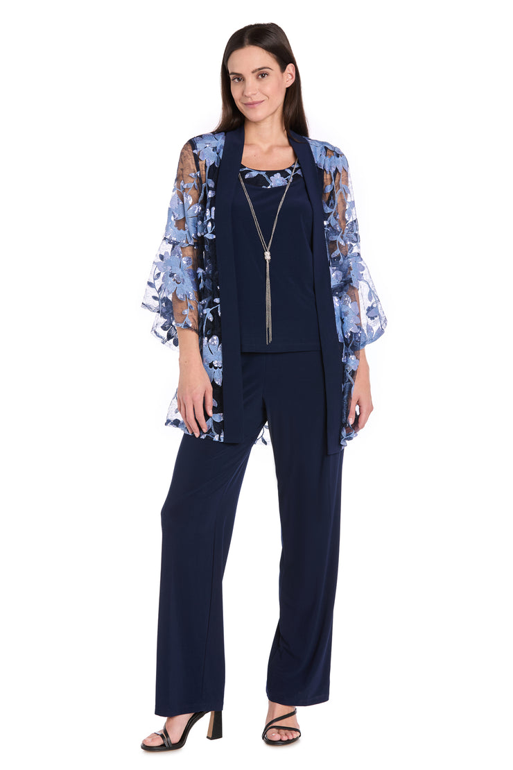 Floral Threadwork Pantsuit with Flair Bell Sleeves & Removable Jacket