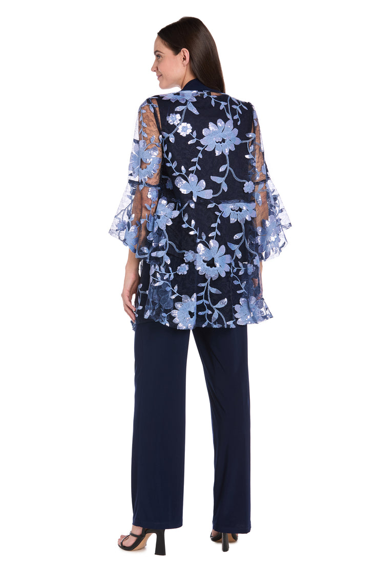 Floral Threadwork Pantsuit with Flair Bell Sleeves & Removable Jacket