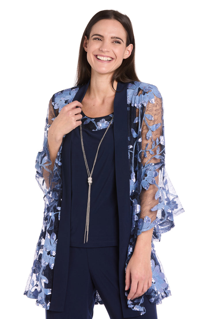 Floral Threadwork Pantsuit with Flair Bell Sleeves & Removable Jacket