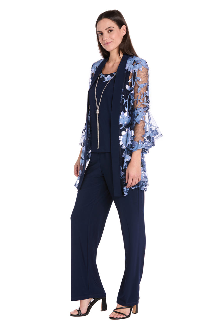 Floral Threadwork Pantsuit with Flair Bell Sleeves & Removable Jacket