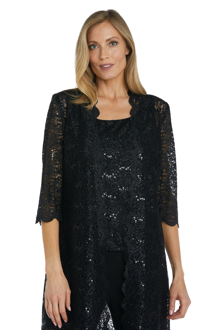 Metallic Lace Tank Top and Pant Set with Sheer Lace Jacket - Petite