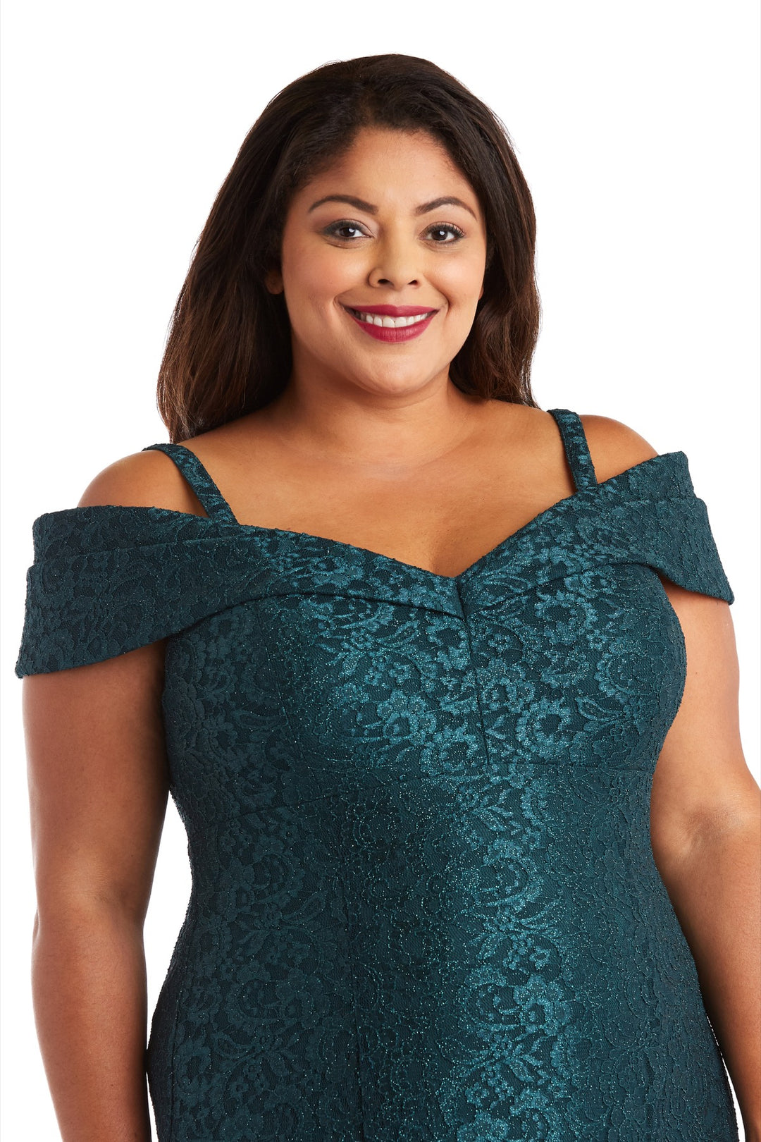 R & M Richards Plus Size Off-The-Shoulder Lace Gown