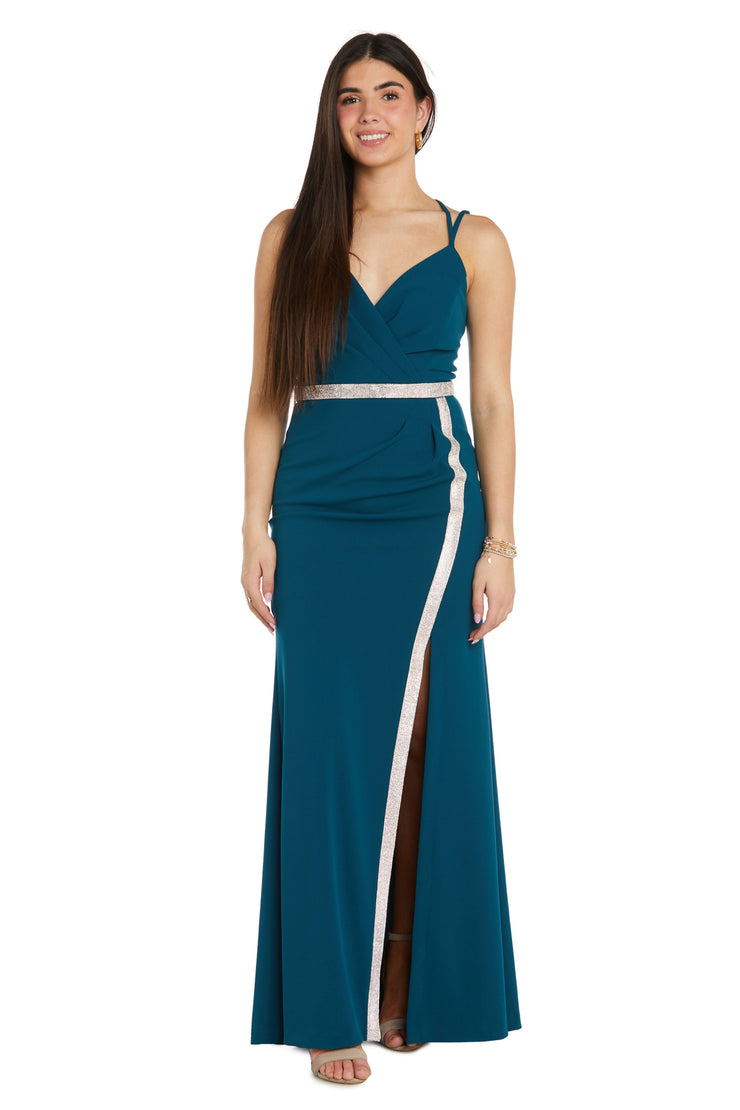 Long Evening Gown With High Slit and Rhinestone Waistband