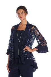 Three Piece Set With Sequin Swing Jacket and Detachable Necklace