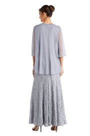 Evening Lace Gown With Pearl Embellished Neckline and Flyaway Jacket