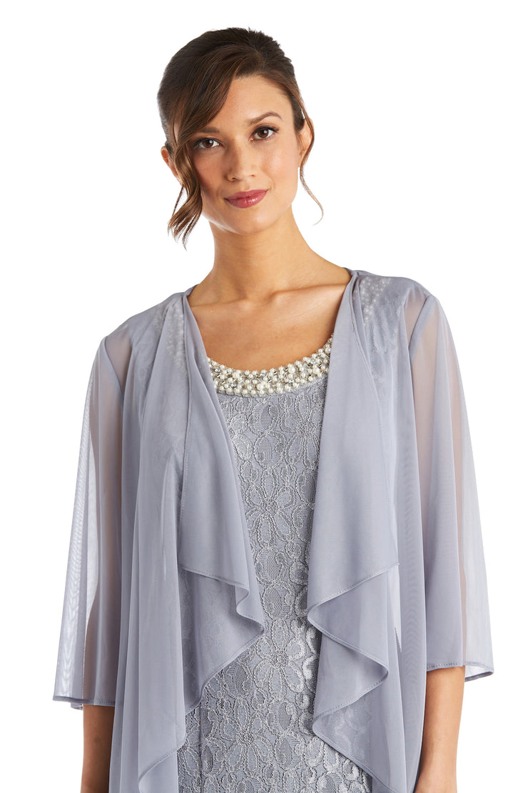 Evening Lace Gown With Pearl Embellished Neckline and Flyaway Jacket