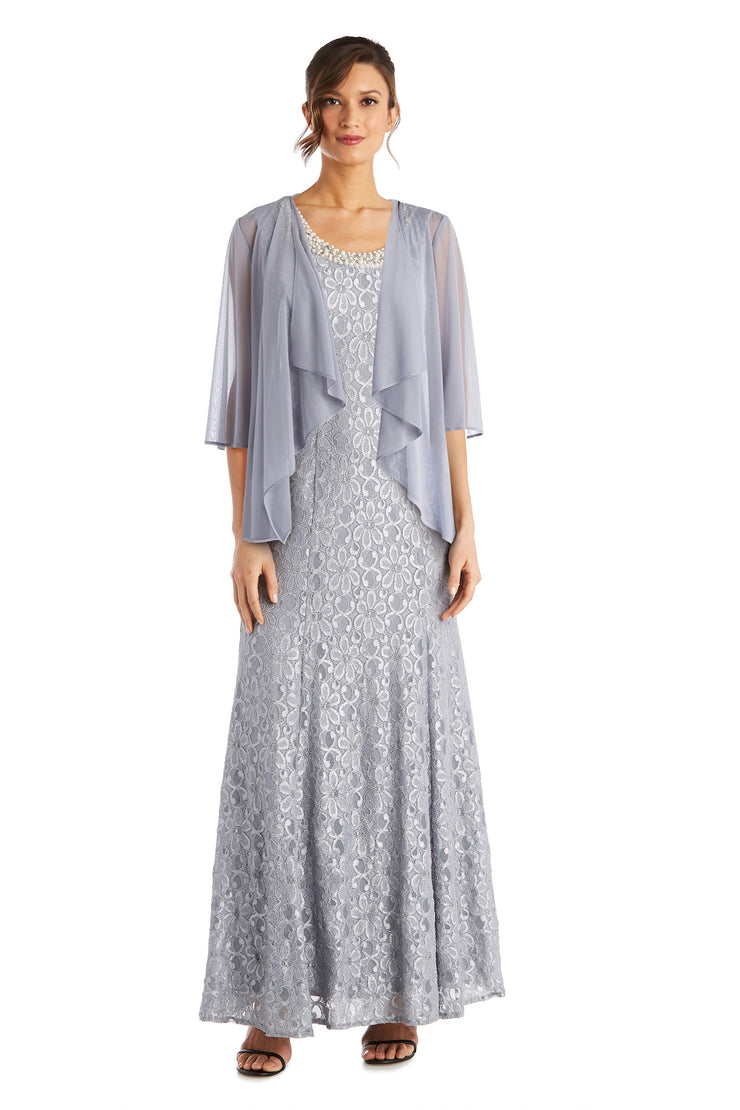Evening Lace Gown With Pearl Embellished Neckline and Flyaway Jacket
