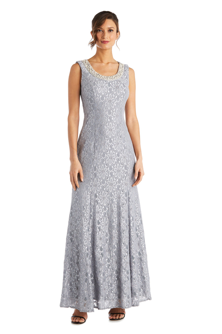 Evening Lace Gown With Pearl Embellished Neckline and Flyaway Jacket