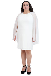 Chiffon Dress with Rhinestone Neckline and Sheer Capelet - Plus
