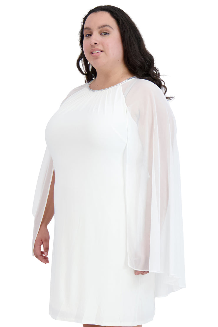 Chiffon Dress with Rhinestone Neckline and Sheer Capelet - Plus