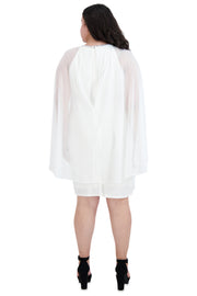 Chiffon Dress with Rhinestone Neckline and Sheer Capelet - Plus