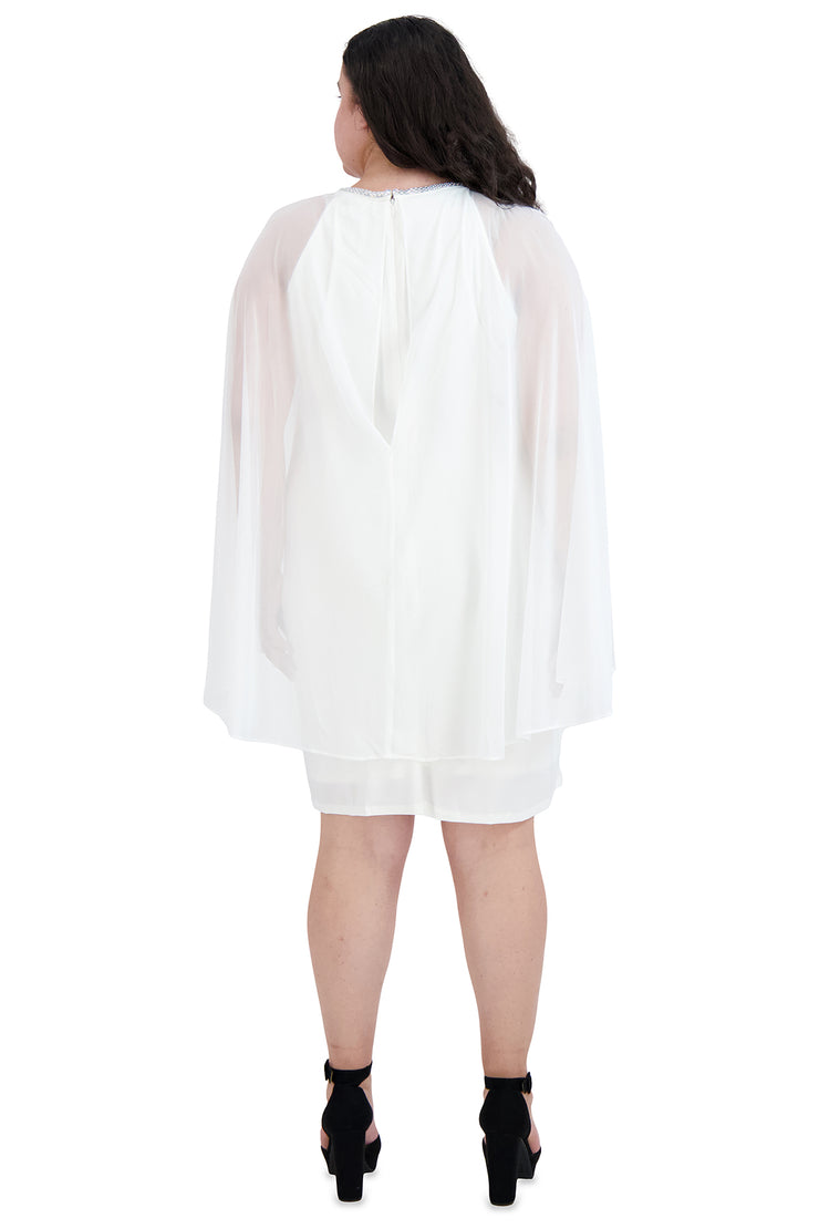 Chiffon Dress with Rhinestone Neckline and Sheer Capelet - Plus