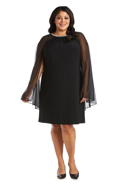 Chiffon Dress with Rhinestone Neckline and Sheer Capelet - Plus