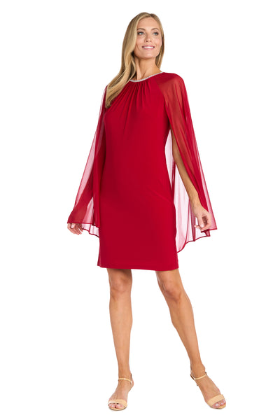 Chiffon Dress with Rhinestone Neckline and Sheer Capelet - Petite