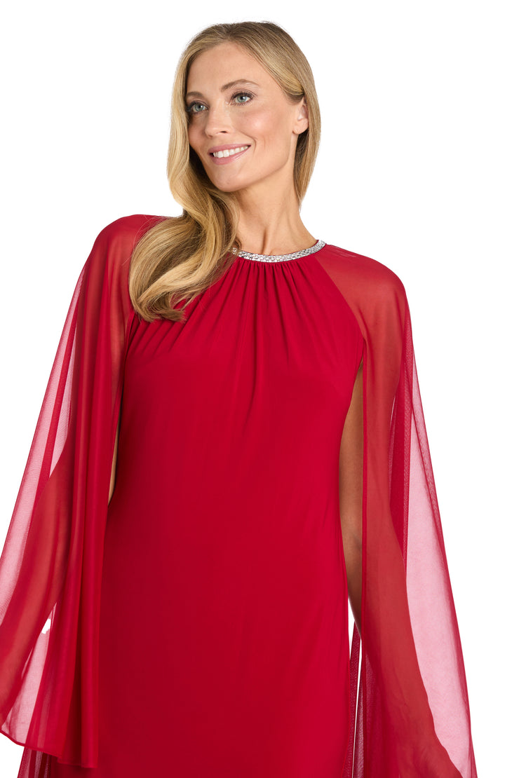 Chiffon Dress with Rhinestone Neckline and Sheer Capelet - Petite