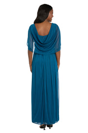 Pleated Skirt Dress with Draped Capelet Sleeves
